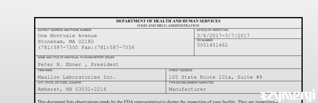 FDANews 483 Maxilon Laboratories Inc. Mar 7 2017 top