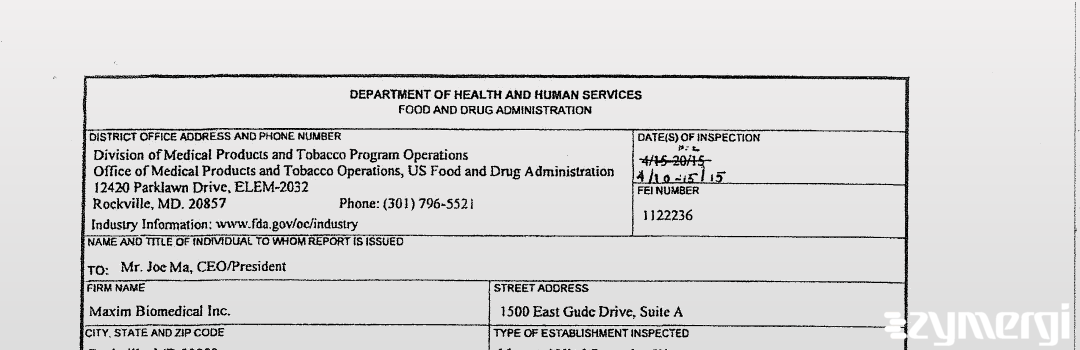 FDANews 483 Maxim Biomedical Incorporated Apr 15 2015 top