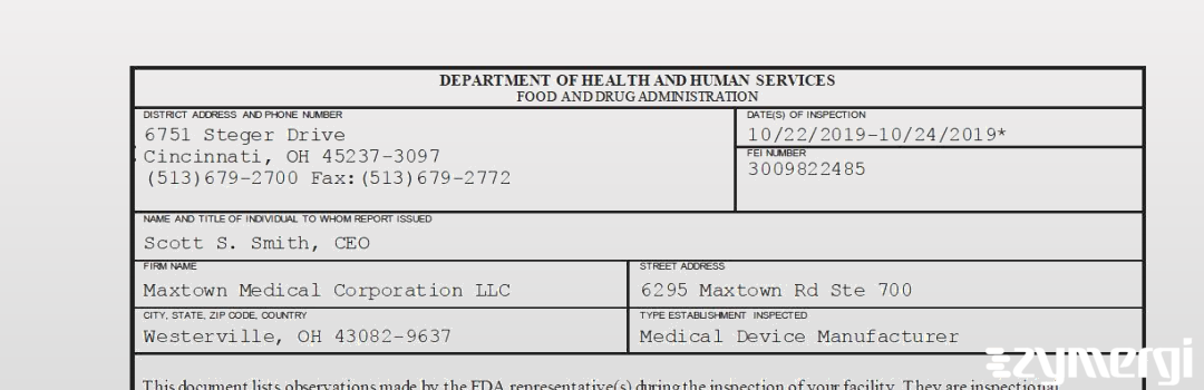 FDANews 483 Maxtown Medical Corporation LLC Oct 24 2019 top