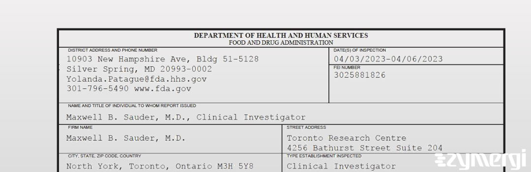 FDANews 483 Maxwell B. Sauder, M.D. Apr 6 2023 top