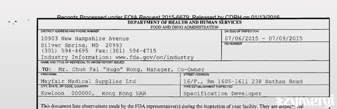 FDANews 483 Mayfair Medical Supplies Ltd Jul 9 2015 top