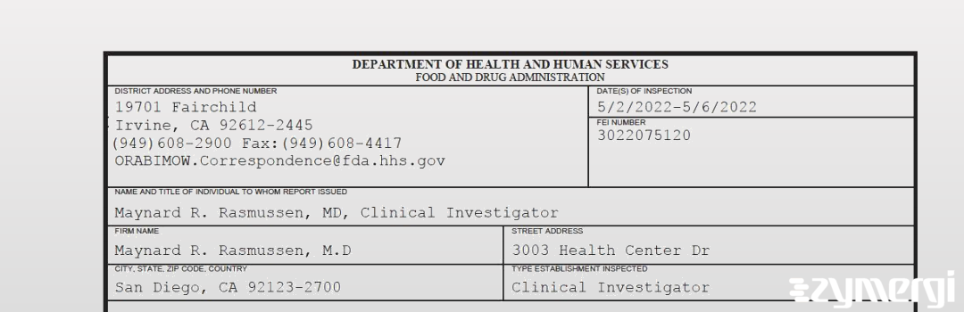 FDANews 483 Maynard R. Rasmussen, M.D May 6 2022 top