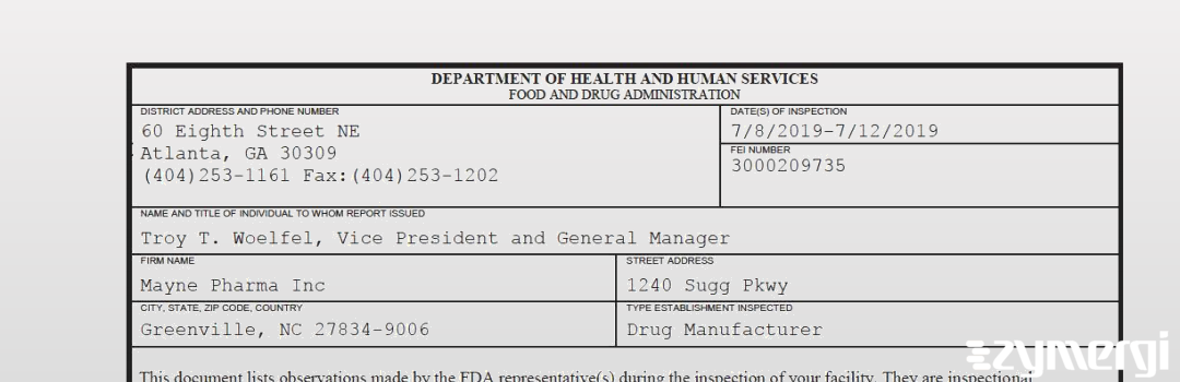 FDANews 483 Mayne Pharma Inc Jul 12 2019 top