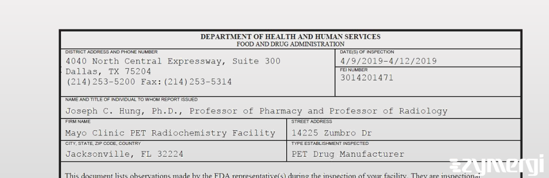 FDANews 483 Mayo Clinic PET Radiochemistry Facility Apr 12 2019 top