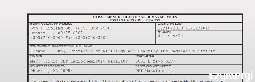 FDANews 483 Mayo Clinic PET Radiochemistry Facility Dec 12 2019 top