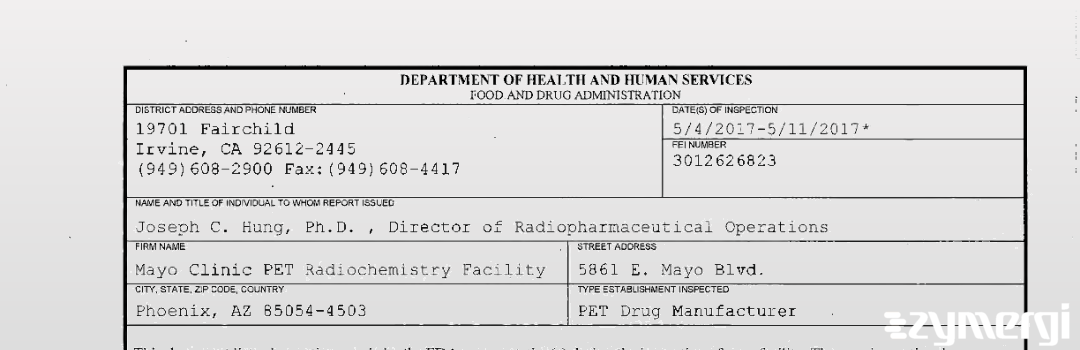 FDANews 483 Mayo Clinic PET Radiochemistry Facility May 11 2017 top