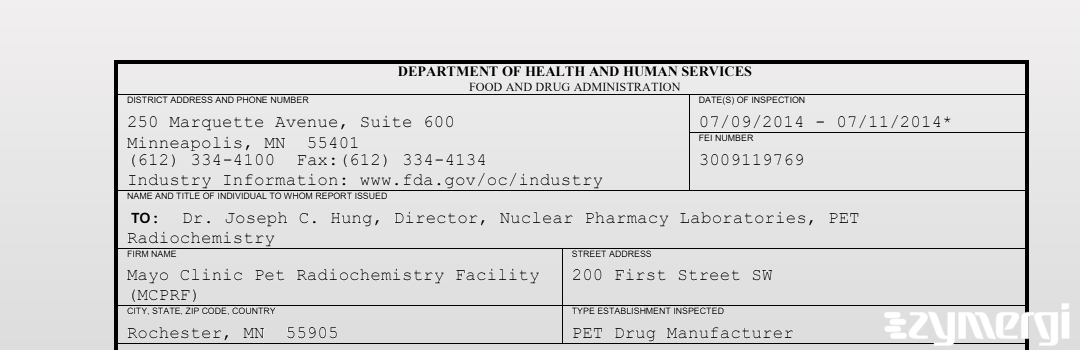 FDANews 483 Mayo Clinic Pet Radiochemistry Facility (MCPRF) Jul 11 2014 top