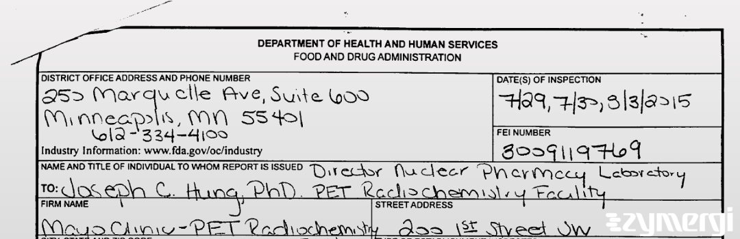 FDANews 483 Mayo Clinic Pet Radiochemistry Facility (MCPRF) Aug 3 2015 top