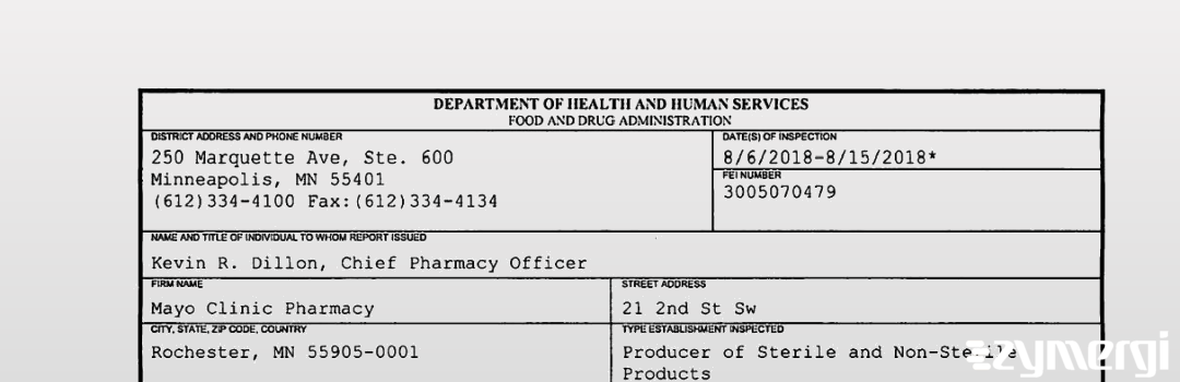 FDANews 483 Mayo Clinic Pharmacy Aug 15 2018 top