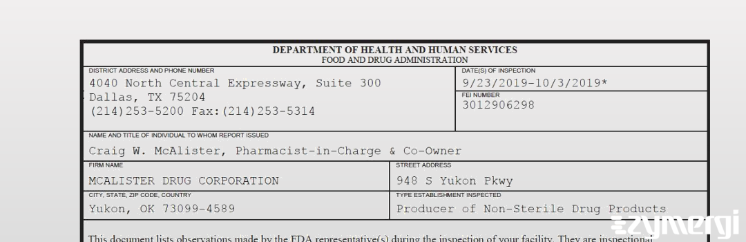 FDANews 483 MCALISTER DRUG CORPORATION Oct 3 2019 top