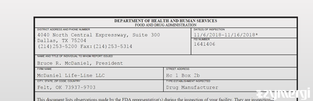 FDANews 483 McDaniel Life-Line LLC Nov 16 2018 top