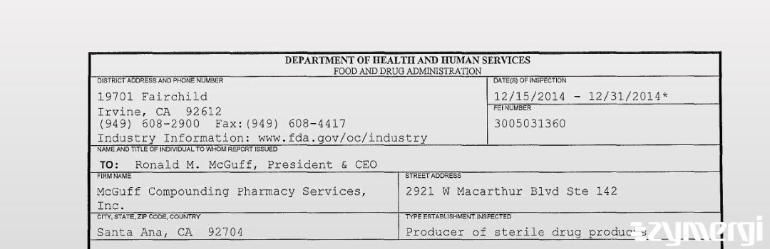 FDANews 483 McGuff Compounding Pharmacy Services, Inc. Dec 31 2014 top