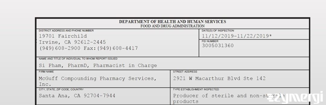 FDANews 483 McGuff Compounding Pharmacy Services, Inc. Nov 22 2019 top