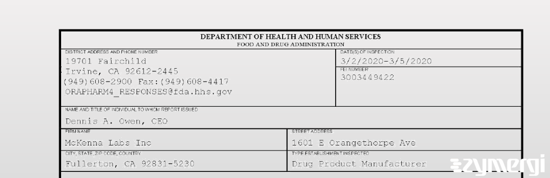 FDANews 483 McKenna Labs Inc Mar 5 2020 top