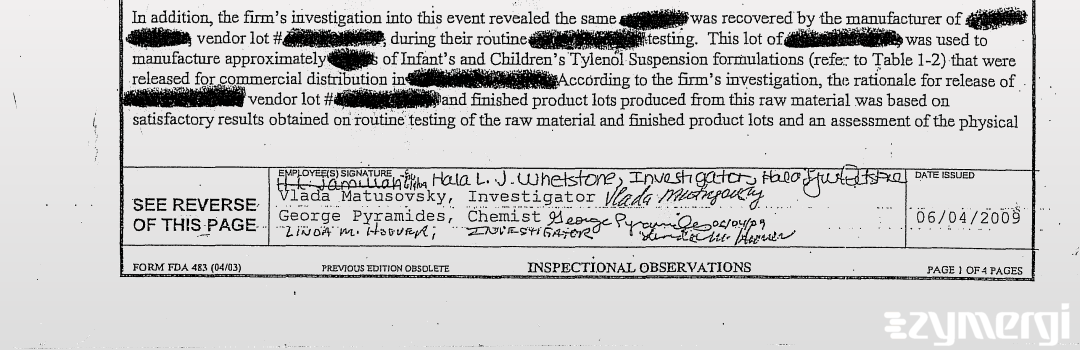 Hala L. Selby FDA Investigator Vlada Matusovsky FDA Investigator George Pyramides FDA Investigator Linda M. Hoover FDA Investigator 