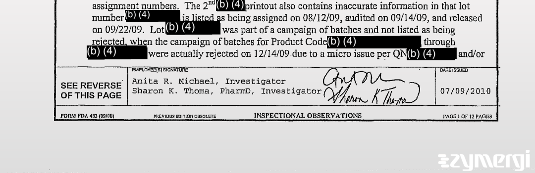 Sharon K. Thoma FDA Investigator Anita R. Michael FDA Investigator