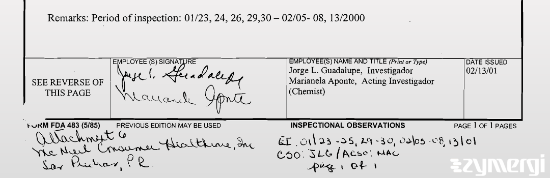 Jorge L. Guadalupe FDA Investigator Marianela Aponte Cruz FDA Investigator