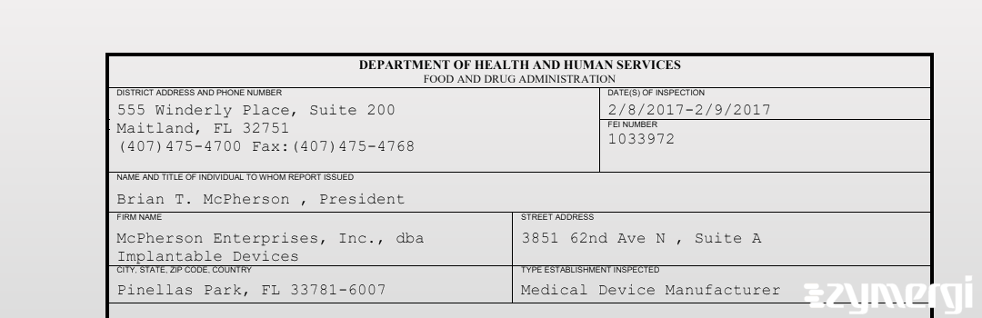 FDANews 483 McPherson Enterprises, Inc., dba Implantable Devices Feb 9 2017 top