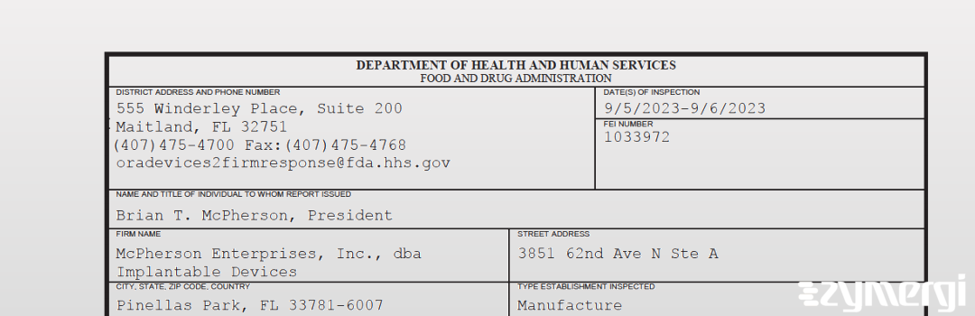 FDANews 483 McPherson Enterprises, Inc., dba Implantable Devices Sep 6 2023 top