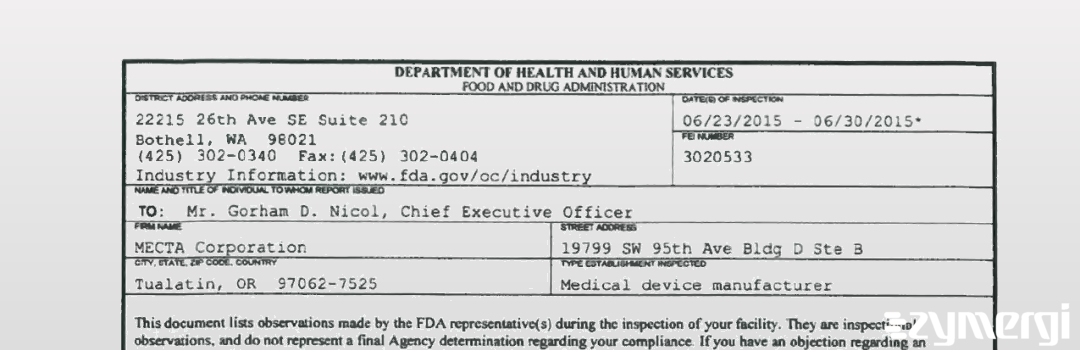 FDANews 483 MECTA Corporation Jun 30 2015 top