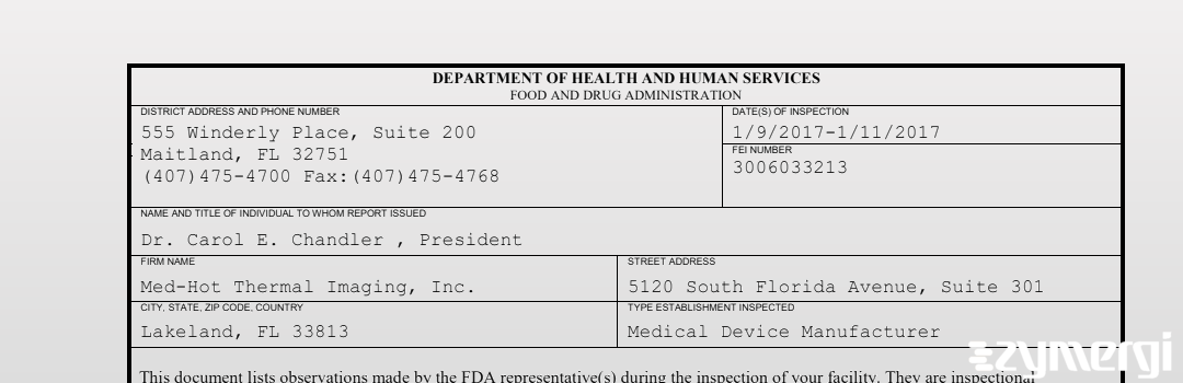 FDANews 483 Med-Hot Thermal Imaging, Inc. Jan 11 2017 top