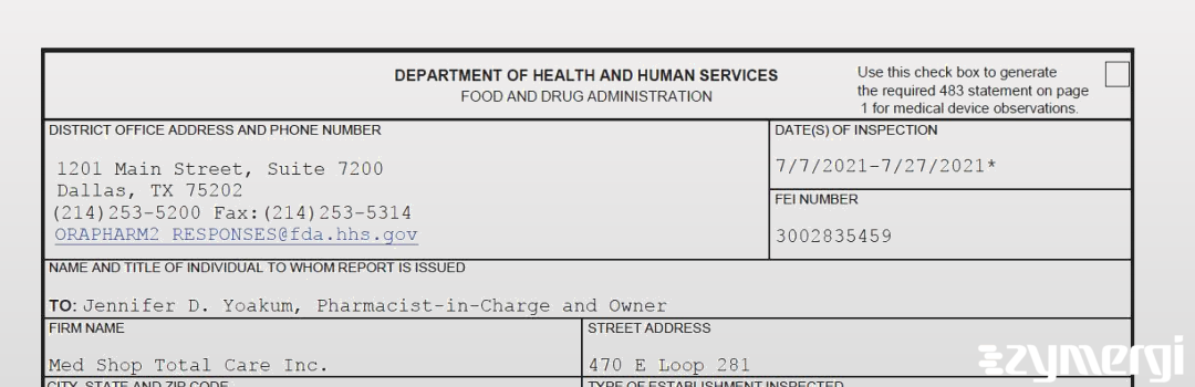 FDANews 483 Med Shop Total Care Inc. Jul 27 2021 top