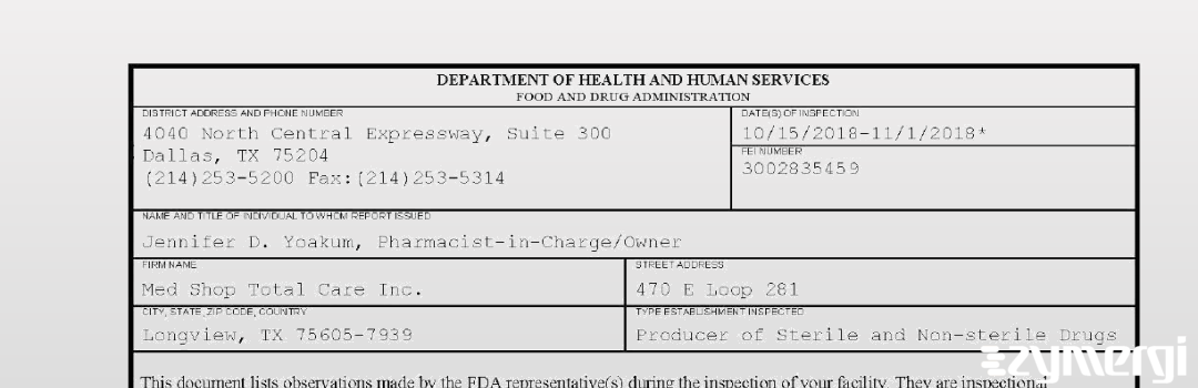 FDANews 483 Med Shop Total Care Inc. Nov 1 2018 top