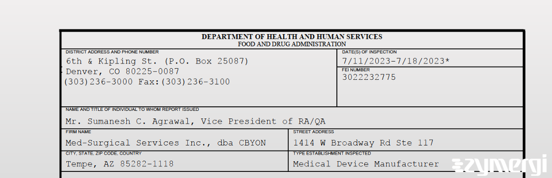 FDANews 483 Med-Surgical Services Inc., dba CBYON Jul 18 2023 top