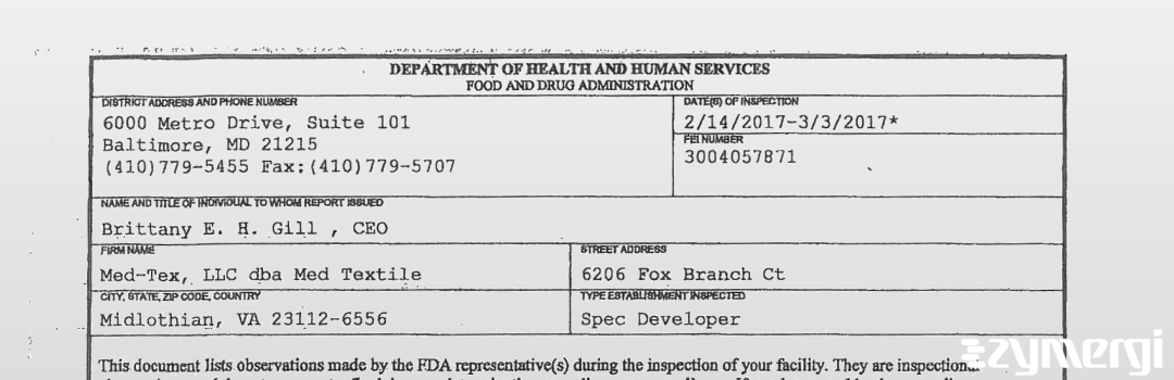 FDANews 483 Med-Tex, LLC dba Med Textile Mar 3 2017 top