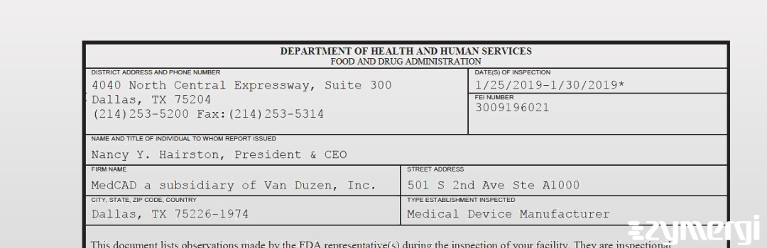 FDANews 483 MedCAD a subsidiary of Van Duzen, Inc. Jan 30 2019 top