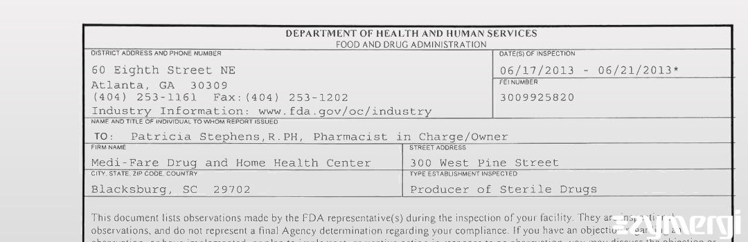 FDANews 483 Medi-Fare Drug and Home Health Center Jun 21 2013 top