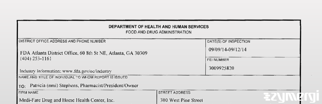 FDANews 483 Medi-Fare Drug and Home Health Center Sep 12 2014 top