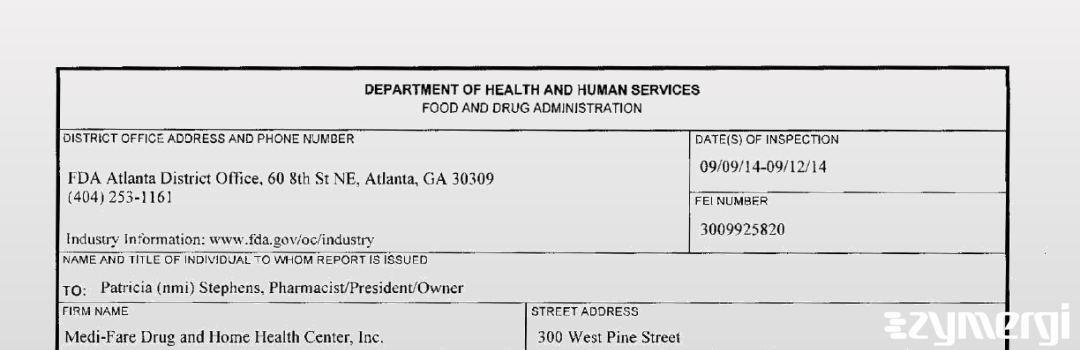 FDANews 483 Medi-Fare Drug and Home Health Center Sep 12 2014 top