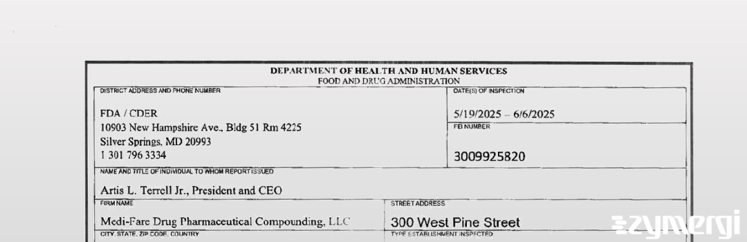 FDANews 483 Medi-Fare Drug Jun 6 2025 top