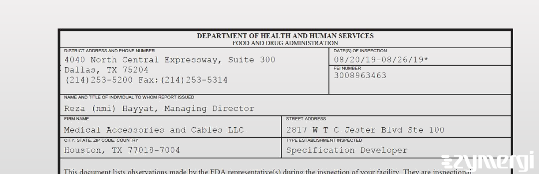 FDANews 483 Medical Accessories and Cables LLC Aug 26 2019 top