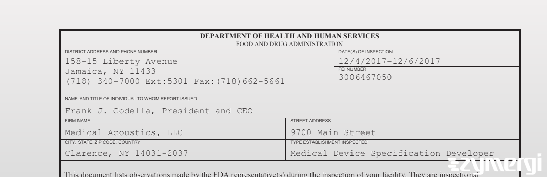 FDANews 483 Medical Acoustics, LLC Dec 6 2017 top