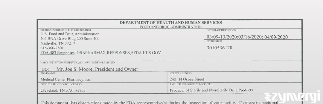 FDANews 483 Medical Center Pharmacy, Inc. Apr 9 2020 top