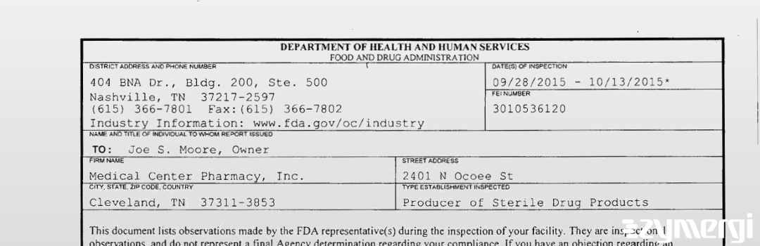 FDANews 483 Medical Center Pharmacy, Inc. Oct 13 2015 top