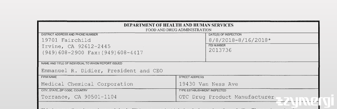 FDANews 483 Medical Chemical Corporation Aug 16 2018 top