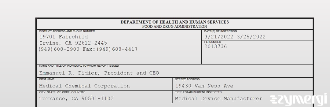 FDANews 483 Medical Chemical Corporation Mar 25 2022 top