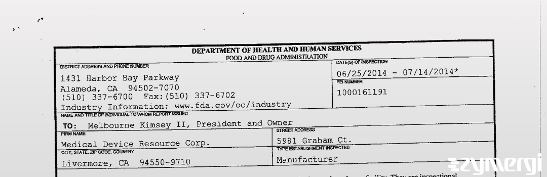 FDANews 483 Medical Device Resource Corp Jul 14 2014 top