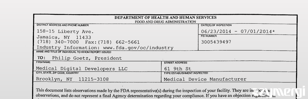FDAzilla 483 Medical Digital Developers LLC Jul 1 2014 top