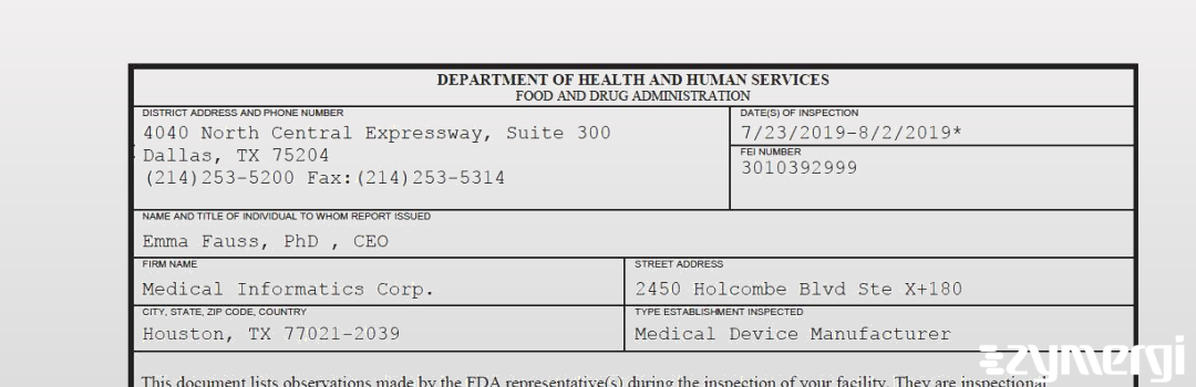 FDANews 483 Medical Informatics Corp. Aug 2 2019 top