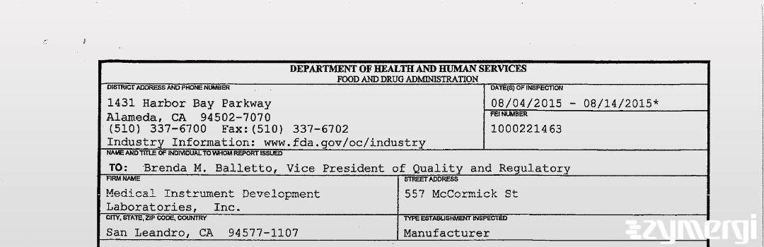 FDANews 483 Medical Instrument Development Laboratories, Inc. Aug 14 2015 top