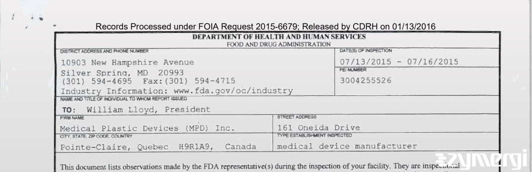 FDANews 483 Medical Plastic Devices (MPD) Inc. Jul 16 2015 top