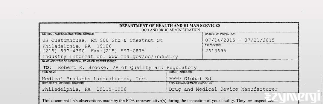 FDANews 483 Medical Products Laboratories, Inc. Jul 21 2015 top