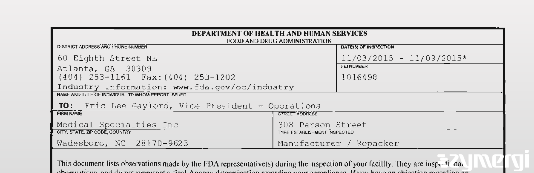 FDANews 483 Medical Specialties Inc Nov 9 2015 top