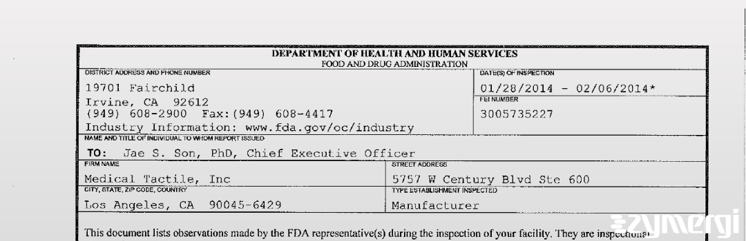 FDANews 483 Medical Tactile, Inc Feb 6 2014 top