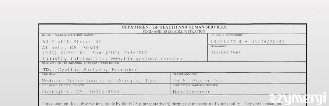 FDAzilla 483 Medical Technologies of Georgia, Inc. Apr 28 2014 top