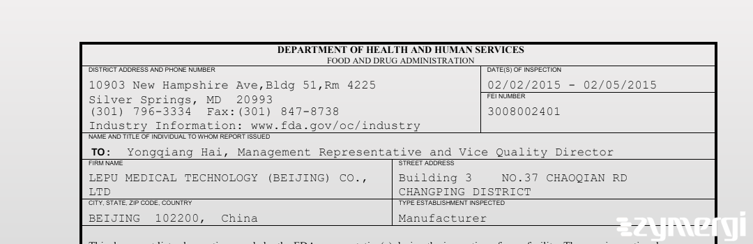 FDANews 483 LEPU MEDICAL TECHNOLOGY (BEIJING) CO., LTD Feb 5 2015 top